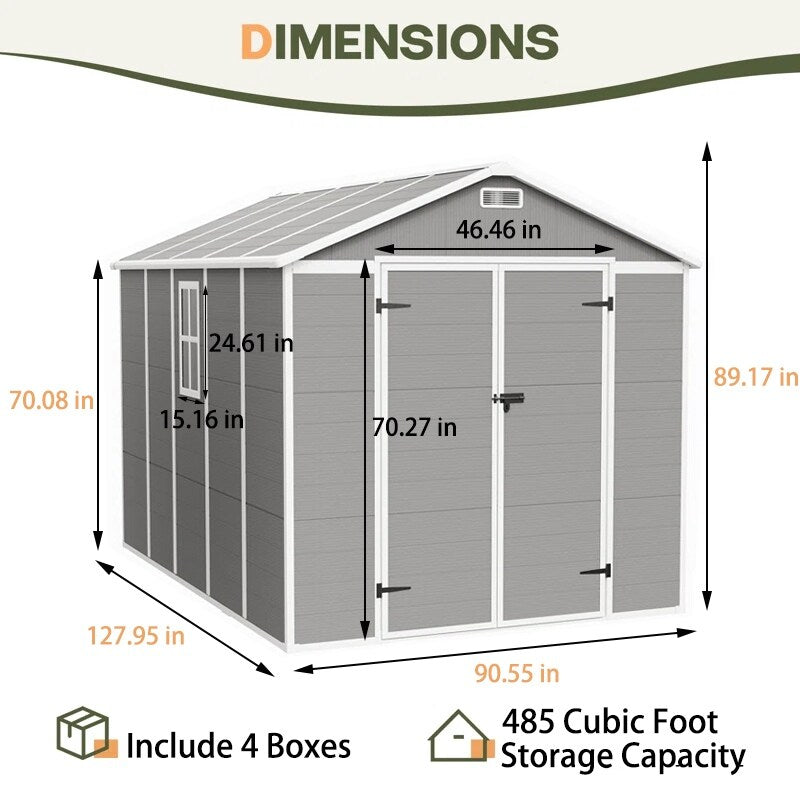 6 ft x 4 ft/6 ft x 8 ft/8 ft x 6 ft/8 ft x 10 ft All-Weather Resin Outdoor Plastic Storage Shed w/Floor, Spire Tool Shed