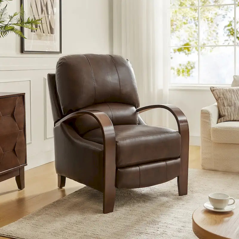 Alex Mid-century Modern Cigar Genuine Leather Manual Recliner with Wooden Curved Arms