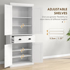 72 Kitchen Pantry Storage Cabinet, Traditional Freestanding Cabinet with 4 Doors and 3 Adjustable Shelves, Large Central Drawer