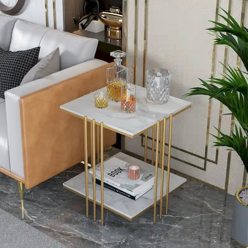 Marble Top Side Table 2 Tier Square Accent End Tables