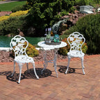 Sunnydaze Flower Design Cast Aluminum Bistro Set with Cast Iron Legs, White, 3pc