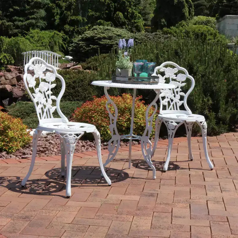 Sunnydaze Flower Design Cast Aluminum Bistro Set with Cast Iron Legs, White, 3pc