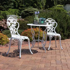 Sunnydaze Flower Design Cast Aluminum Bistro Set with Cast Iron Legs, White, 3pc