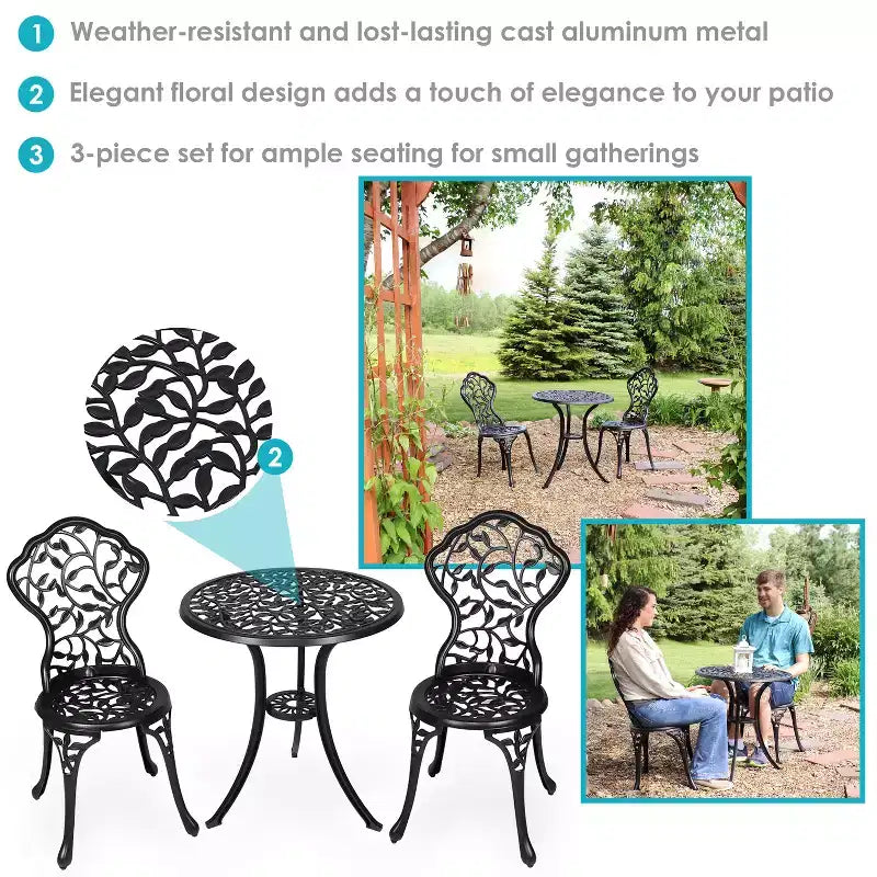 Sunnydaze Floral Design Cast Aluminum Outdoor Patio Bistro Set, Black, 3pc