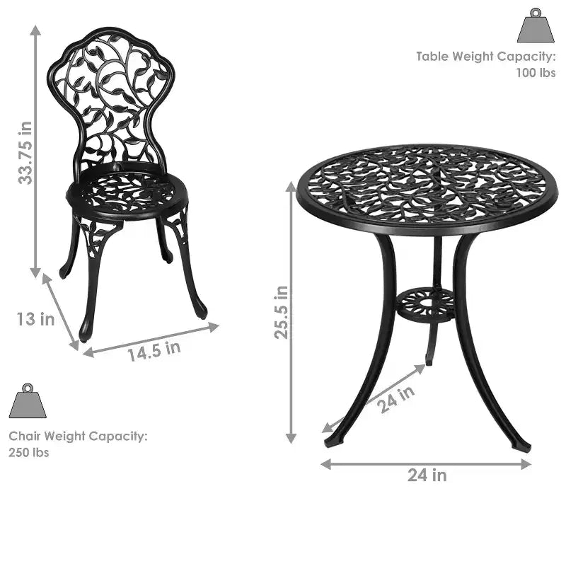 Sunnydaze Floral Design Cast Aluminum Outdoor Patio Bistro Set, Black, 3pc