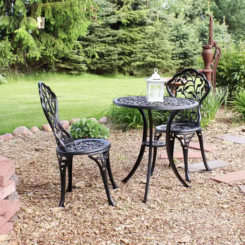 Sunnydaze Floral Design Cast Aluminum Outdoor Patio Bistro Set, Black, 3pc