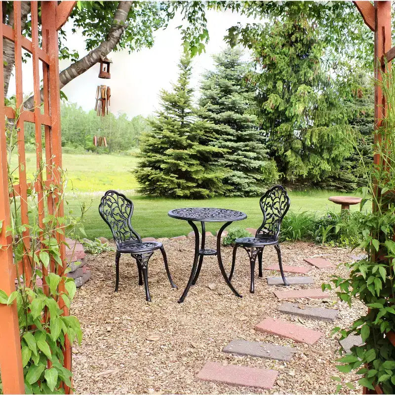 Sunnydaze Floral Design Cast Aluminum Outdoor Patio Bistro Set, Black, 3pc