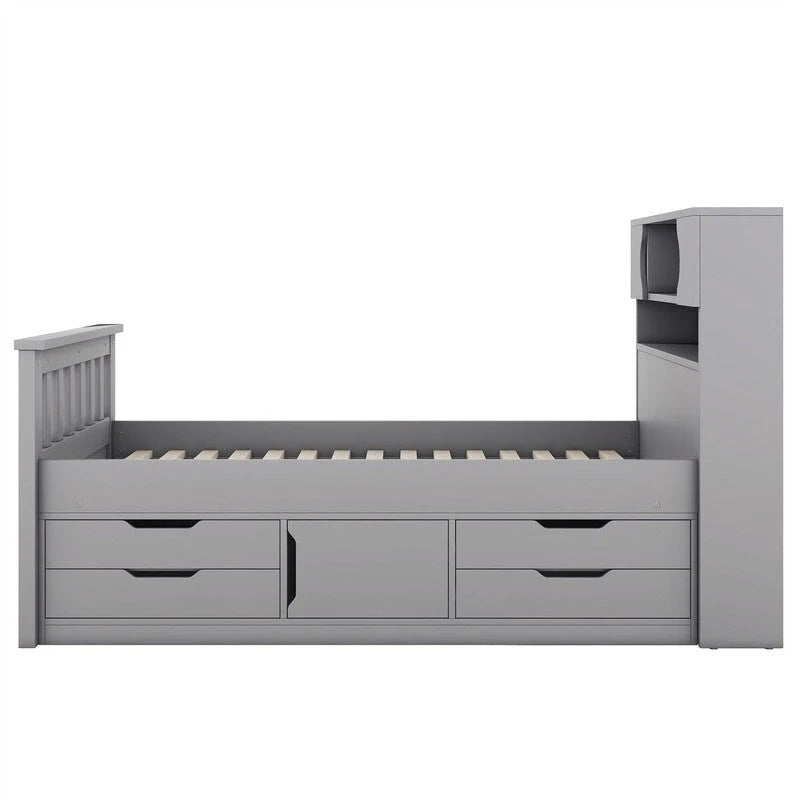 Twin/Full Size Captain Platform Bed with 4 Drawers and Storage Shelves, Solid Wood Bed Frame with Storage Bookcase Headboard