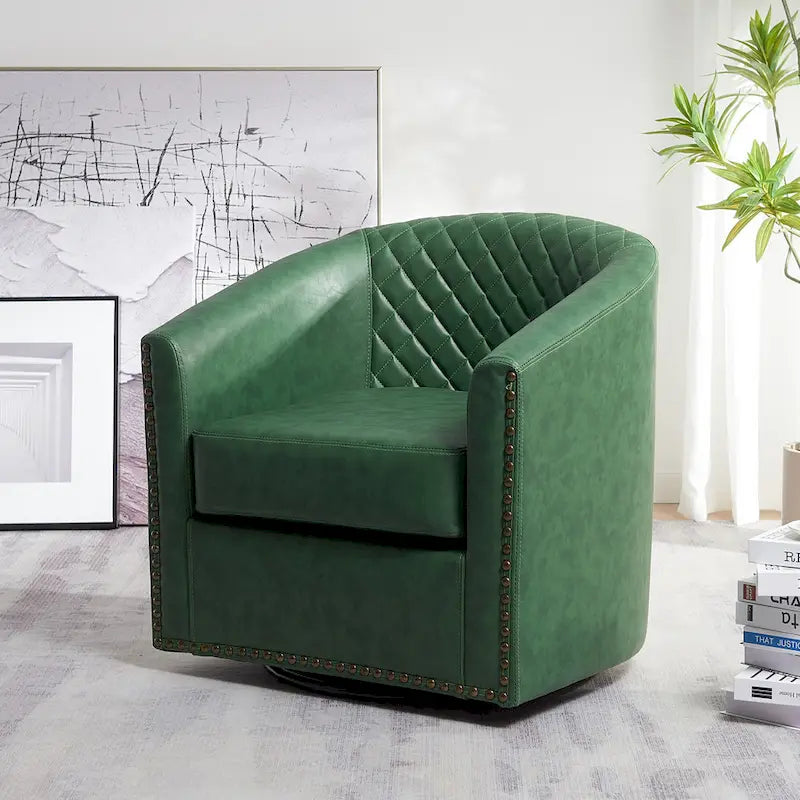 KINWELL 29 Wide Tufted PU Leather Swivel Barrel Chair