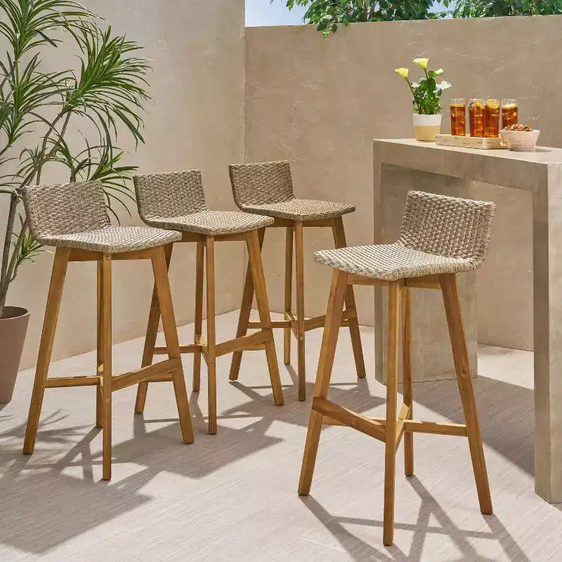 4pk La Brea Acacia Wood & Wicker Patio Barstools - Christopher Knight Home