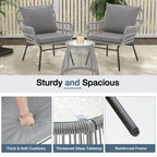 3-Piece Patio Conversation Bistro Set, Outdoor Rattan Furniture Set with Glass Table & 2 Wide Armchairs, Seat Cushions