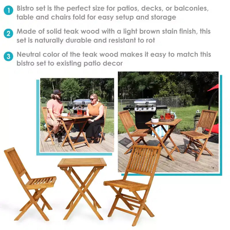 Sunnydaze Outdoor Solid Teak Wood with Stained Finish Nantasket Folding Bistro Table and Chairs - Brown - 3pc
