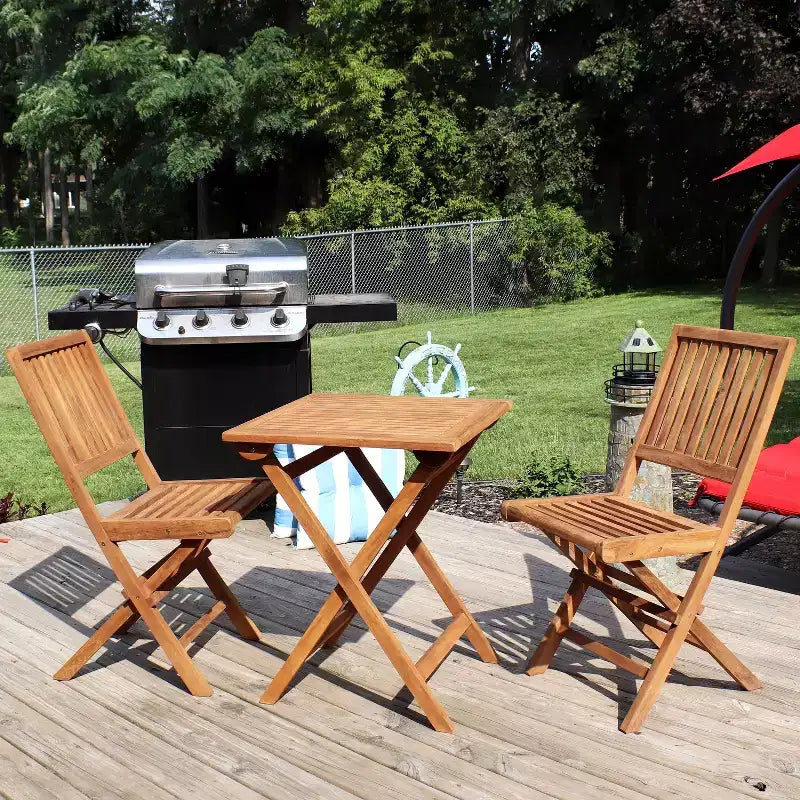Sunnydaze Outdoor Solid Teak Wood with Stained Finish Nantasket Folding Bistro Table and Chairs - Brown - 3pc