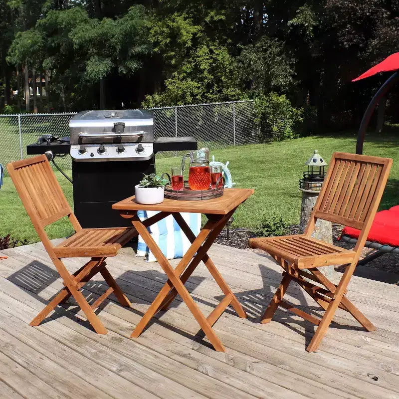 Sunnydaze Outdoor Solid Teak Wood with Stained Finish Nantasket Folding Bistro Table and Chairs - Brown - 3pc