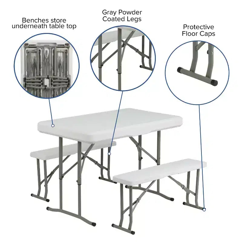 Emma and Oliver 3 Piece Portable Plastic Folding Bench and Table Set