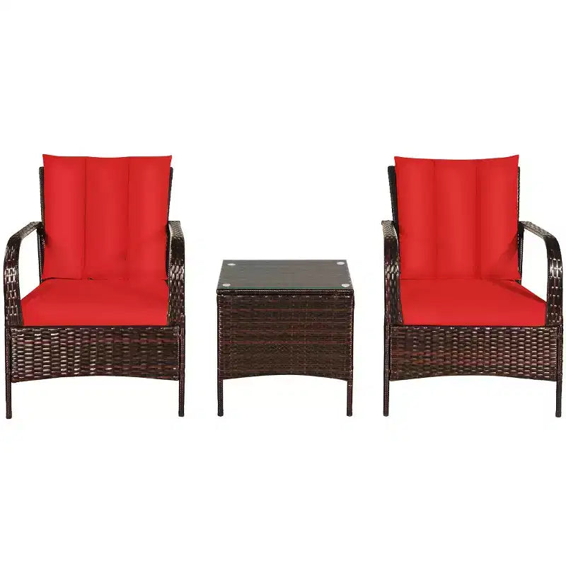 Costway 3 PCS Patio Wicker Rattan Furniture Set Coffee Table & 2 Rattan Chair W/Cushions