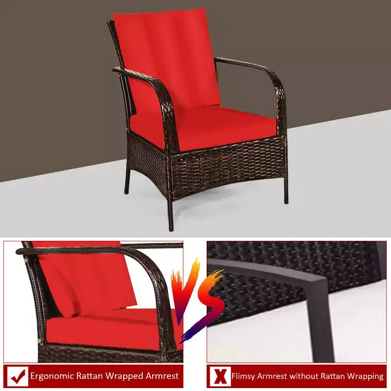 Costway 3 PCS Patio Wicker Rattan Furniture Set Coffee Table & 2 Rattan Chair W/Cushions