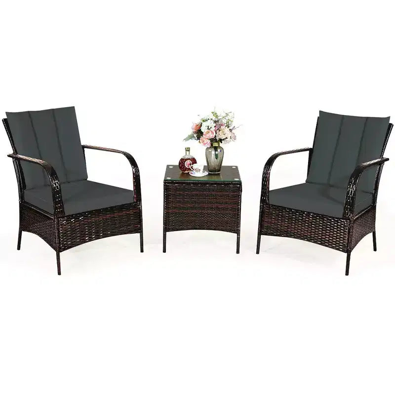 Costway 3 PCS Patio Wicker Rattan Furniture Set Coffee Table & 2 Rattan Chair W/Cushions