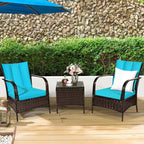 Costway 3 PCS Patio Wicker Rattan Furniture Set Coffee Table & 2 Rattan Chair W/Cushions