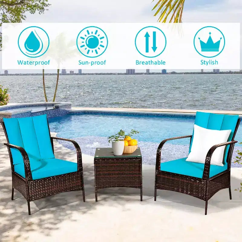 Costway 3 PCS Patio Wicker Rattan Furniture Set Coffee Table & 2 Rattan Chair W/Cushions