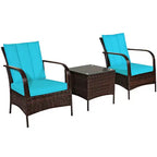 Costway 3 PCS Patio Wicker Rattan Furniture Set Coffee Table & 2 Rattan Chair W/Cushions