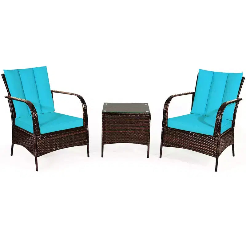 Costway 3 PCS Patio Wicker Rattan Furniture Set Coffee Table & 2 Rattan Chair W/Cushions