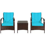 Costway 3 PCS Patio Wicker Rattan Furniture Set Coffee Table & 2 Rattan Chair W/Cushions