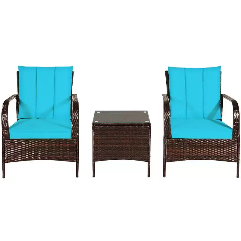 Costway 3 PCS Patio Wicker Rattan Furniture Set Coffee Table & 2 Rattan Chair W/Cushions