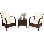Costway 3 PCS Patio Wicker Rattan Furniture Set Coffee Table & 2 Rattan Chair W/Cushions
