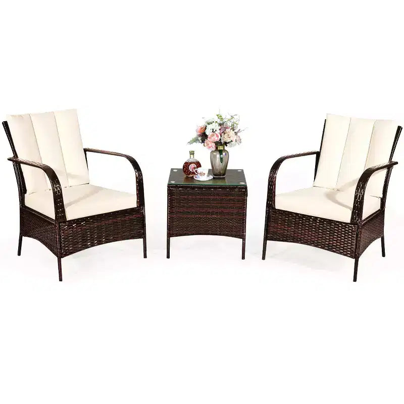 Costway 3 PCS Patio Wicker Rattan Furniture Set Coffee Table & 2 Rattan Chair W/Cushions