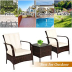 Costway 3 PCS Patio Wicker Rattan Furniture Set Coffee Table & 2 Rattan Chair W/Cushions