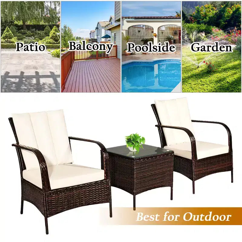 Costway 3 PCS Patio Wicker Rattan Furniture Set Coffee Table & 2 Rattan Chair W/Cushions