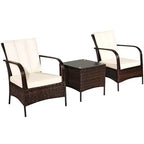Costway 3 PCS Patio Wicker Rattan Furniture Set Coffee Table & 2 Rattan Chair W/Cushions