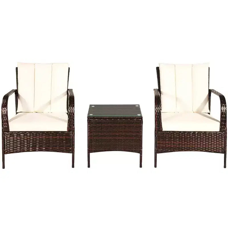 Costway 3 PCS Patio Wicker Rattan Furniture Set Coffee Table & 2 Rattan Chair W/Cushions