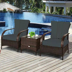 Costway 3 PCS Patio Wicker Rattan Furniture Set Coffee Table & 2 Rattan Chair W/Cushions