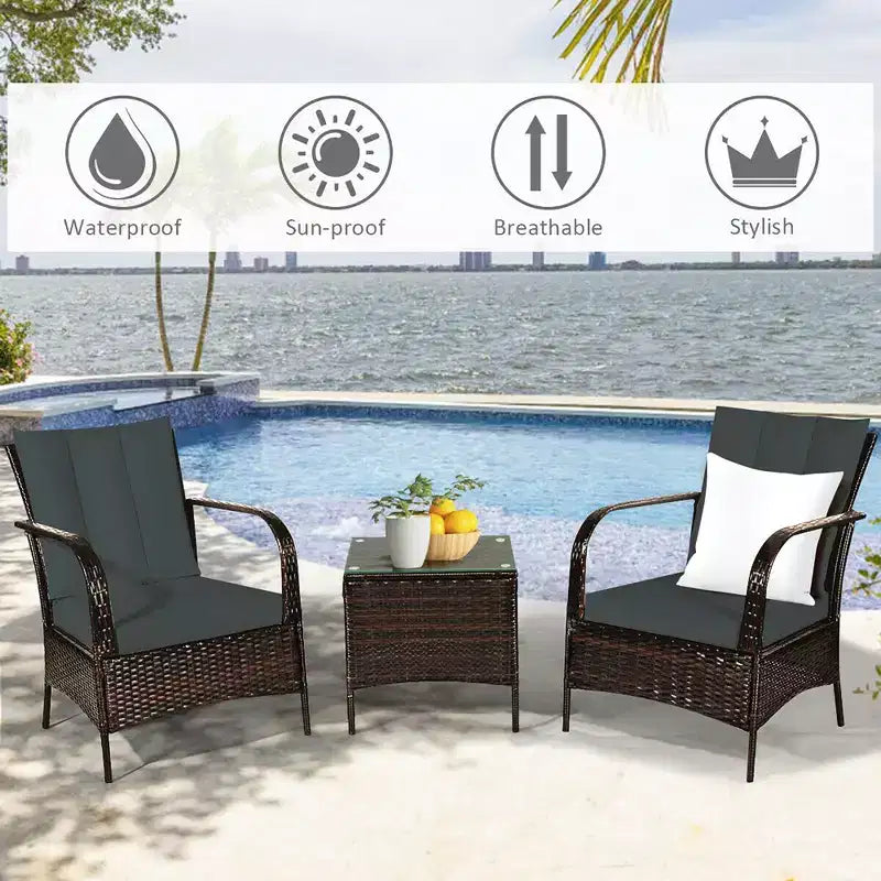 Costway 3 PCS Patio Wicker Rattan Furniture Set Coffee Table & 2 Rattan Chair W/Cushions