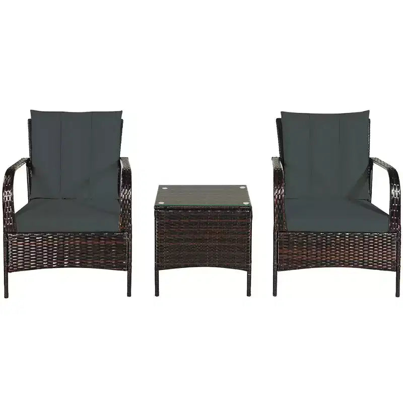 Costway 3 PCS Patio Wicker Rattan Furniture Set Coffee Table & 2 Rattan Chair W/Cushions