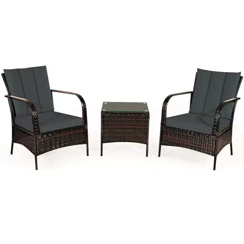 Costway 3 PCS Patio Wicker Rattan Furniture Set Coffee Table & 2 Rattan Chair W/Cushions