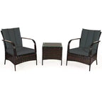 Costway 3 PCS Patio Wicker Rattan Furniture Set Coffee Table & 2 Rattan Chair W/Cushions
