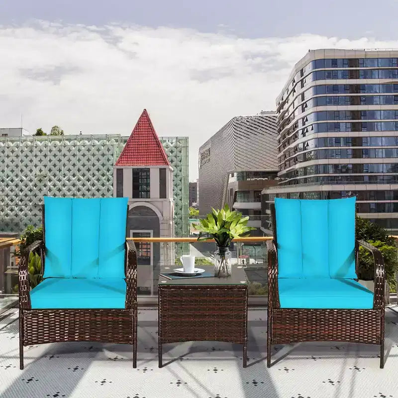 Costway 3 PCS Patio Wicker Rattan Furniture Set Coffee Table & 2 Rattan Chair W/Cushions