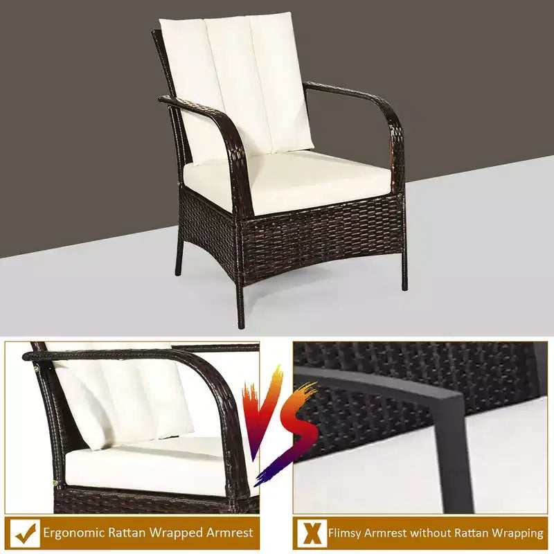 Costway 3 PCS Patio Rattan Furniture Set Coffee Table & 2 Rattan Chair W/White Cushions