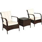 Costway 3 PCS Patio Rattan Furniture Set Coffee Table & 2 Rattan Chair W/White Cushions