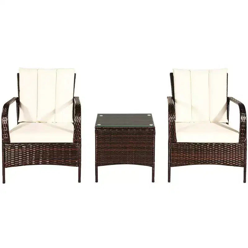 Costway 3 PCS Patio Rattan Furniture Set Coffee Table & 2 Rattan Chair W/White Cushions