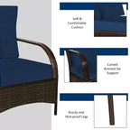 Costway 3 PCS Patio Rattan Furniture Set Coffee Table & 2 Rattan Chair W/Navy Cushions