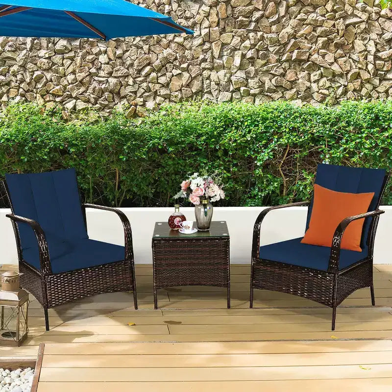 Costway 3 PCS Patio Rattan Furniture Set Coffee Table & 2 Rattan Chair W/Navy Cushions