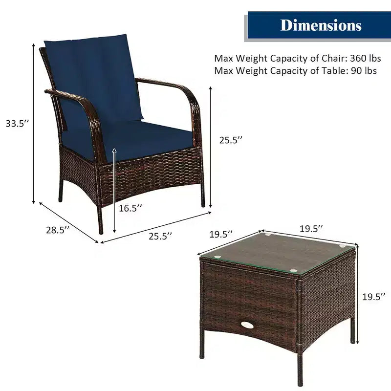 Costway 3 PCS Patio Rattan Furniture Set Coffee Table & 2 Rattan Chair W/Navy Cushions