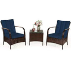 Costway 3 PCS Patio Rattan Furniture Set Coffee Table & 2 Rattan Chair W/Navy Cushions