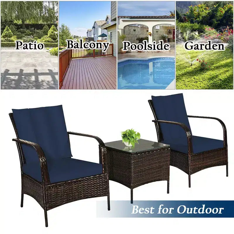 Costway 3 PCS Patio Rattan Furniture Set Coffee Table & 2 Rattan Chair W/Navy Cushions