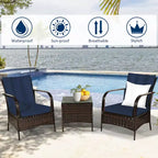 Costway 3 PCS Patio Rattan Furniture Set Coffee Table & 2 Rattan Chair W/Navy Cushions