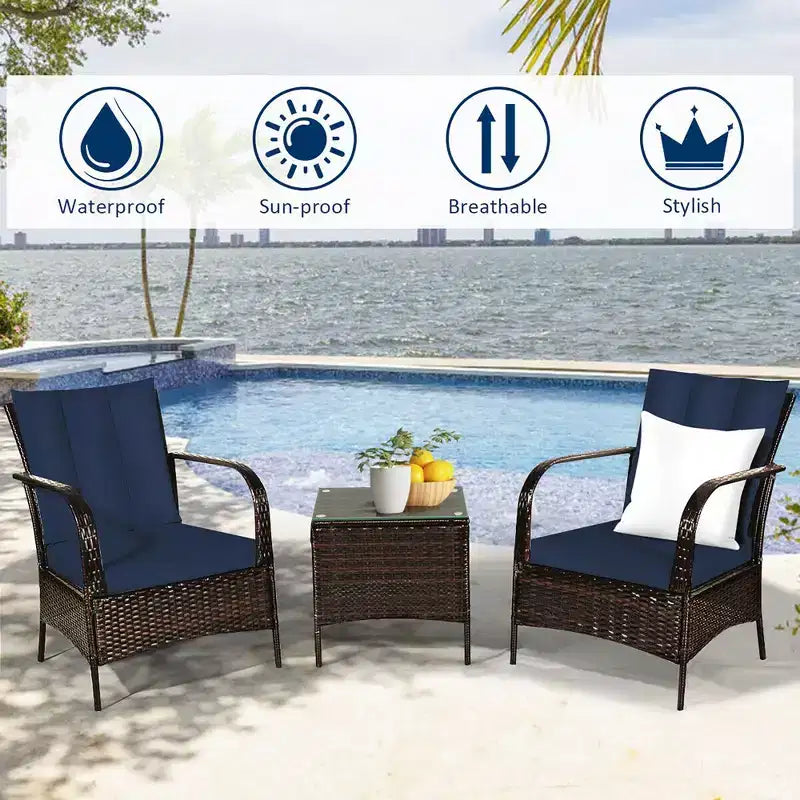 Costway 3 PCS Patio Rattan Furniture Set Coffee Table & 2 Rattan Chair W/Navy Cushions
